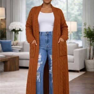 Women's Cable Knit Long Cardigan Sweater - Rust